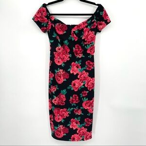 Black & Red Floral Off the Shoulder Floral Dress